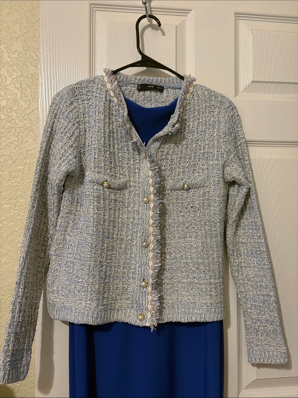 Mango Light Blue Tweed Pearl-Button Jacket